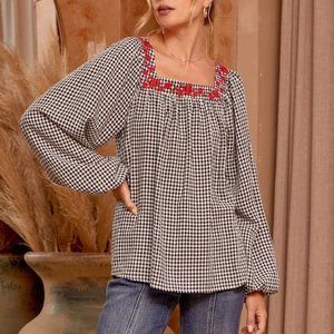 NWT Square Neck Checkered Embroidered Blouse
